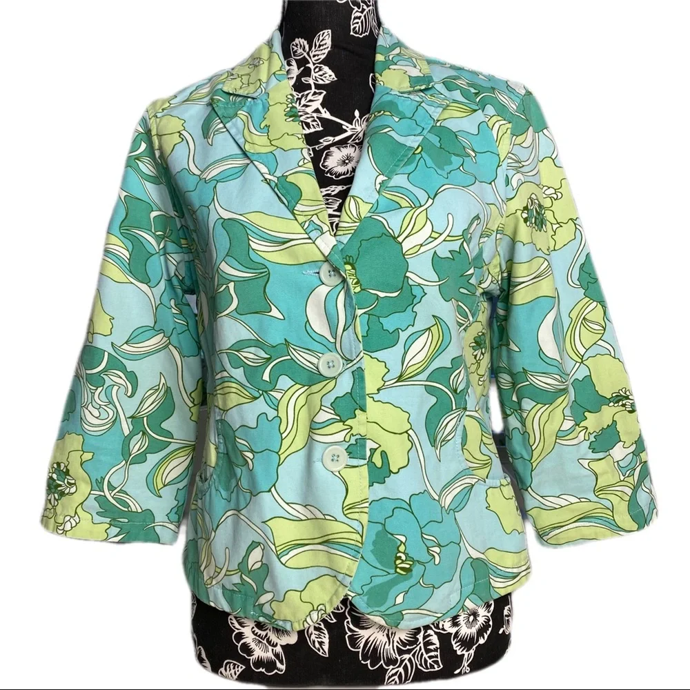 French Cuff fitted cotton blazer jacket 3/4 sleeve vintage retro floral pattern - Picture 1 of 9